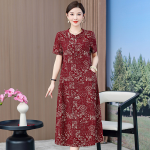 1011 New summer mid-length cotton linen short-sleeved dress for middle-aged and elderly women, slim fit, plus size, elegant style, item number 4182. - Image 3