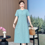 1011 New summer mid-length cotton linen short-sleeved dress for middle-aged and elderly women, slim fit, plus size, elegant style, item number 4182. - Image 7