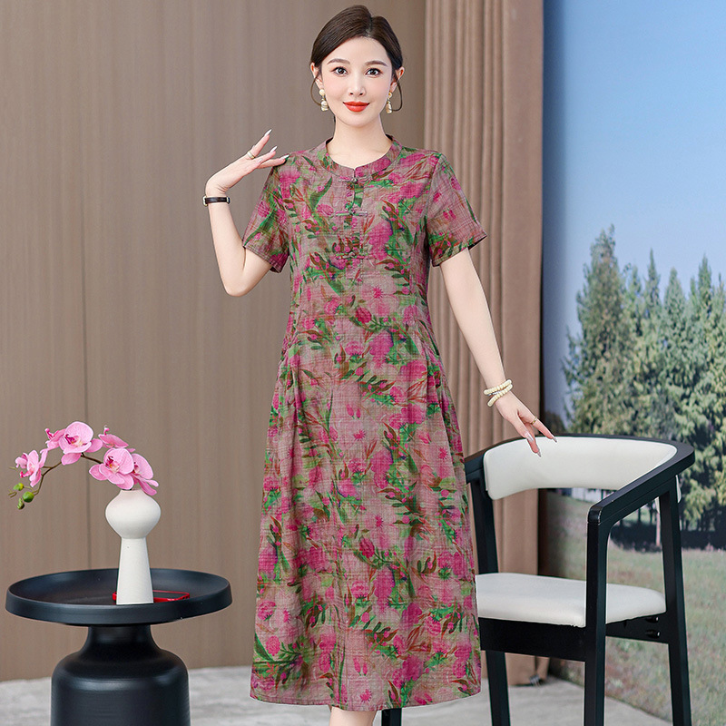 d39390b9e67d48eabfdf08138b8a3f08 1011 New summer mid-length cotton linen short-sleeved dress for middle-aged and elderly women, slim fit, plus size, elegant style, item number 4182. - Image 1