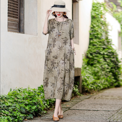 1024  New Summer Style Cotton Linen Dress with Pockets, Plus Size, Loose Fit, Over-the-Knee, Cotton Silk Long Dress, Item No. M2264